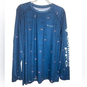 COLUMBIA PFG Sz XL Blue USA Flag Sharks Fish Omni-Shade Athletic Casual Shirt